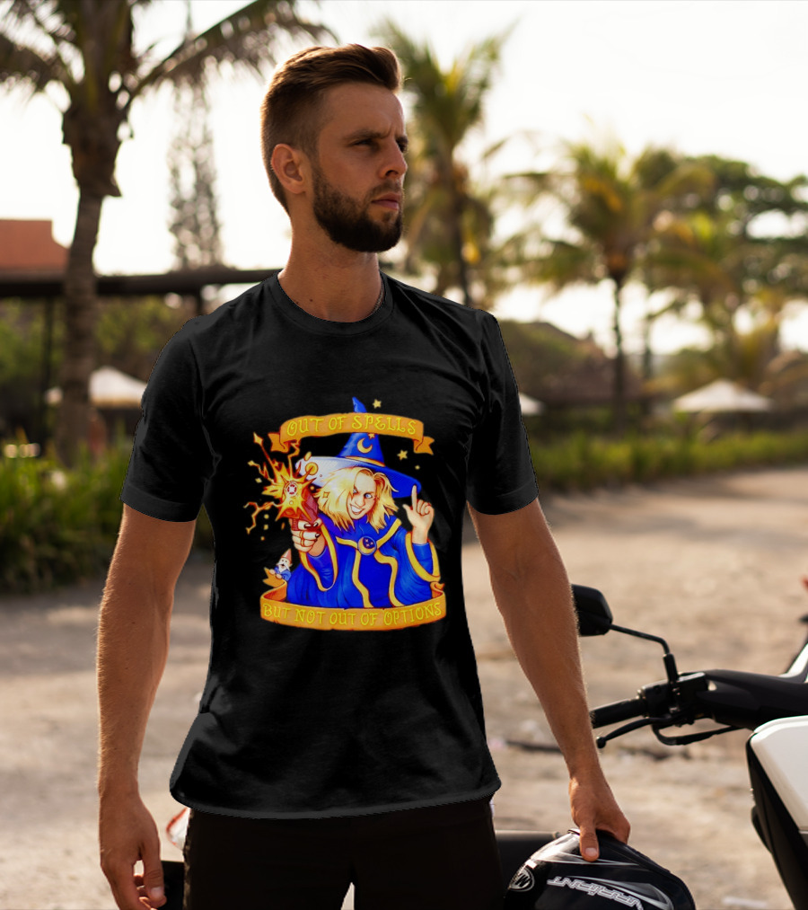 Greg The Sorcerer Out Of Spells Not Out Of Options Enchanting Wizard With Wand And Magic Aura T-Shirt