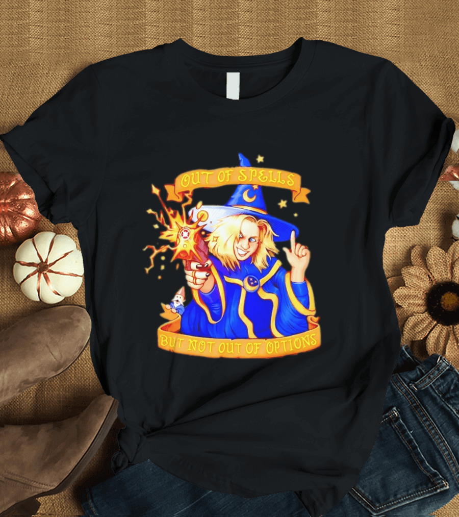 Greg The Sorcerer Out Of Spells Not Out Of Options Enchanting Wizard With Wand And Magic Aura T-Shirt