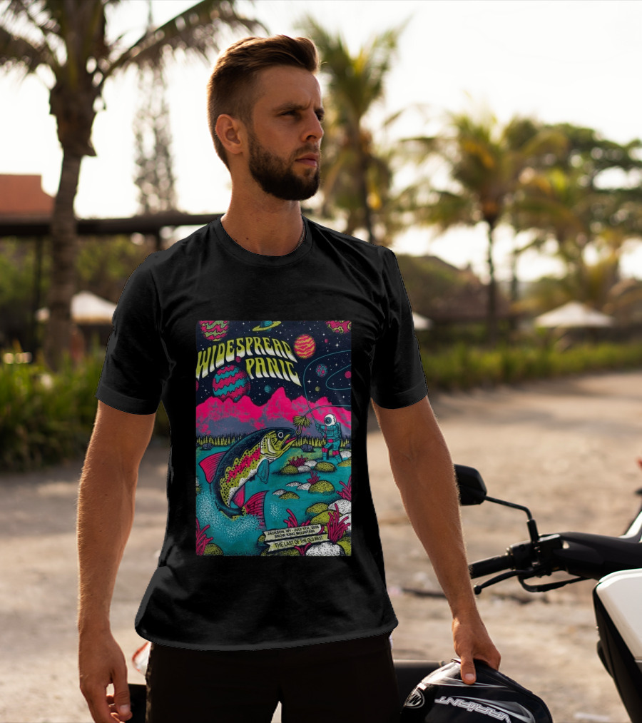 Widespread Panic Jul 5 2026 Snow King Mountain Jackson WY Cosmic Fishing Astronaut And Giant Fish Fantasy Scene T-Shirt