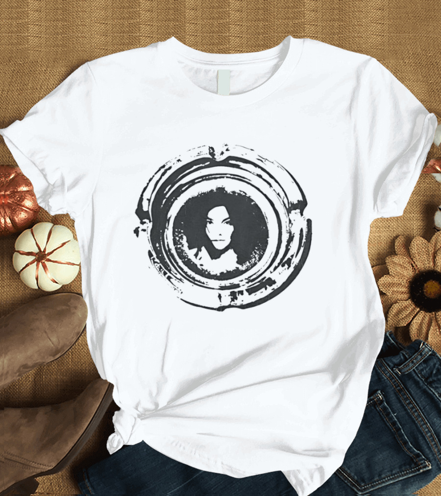 Bjork Circular Stamp Design Black And White T-Shirt
