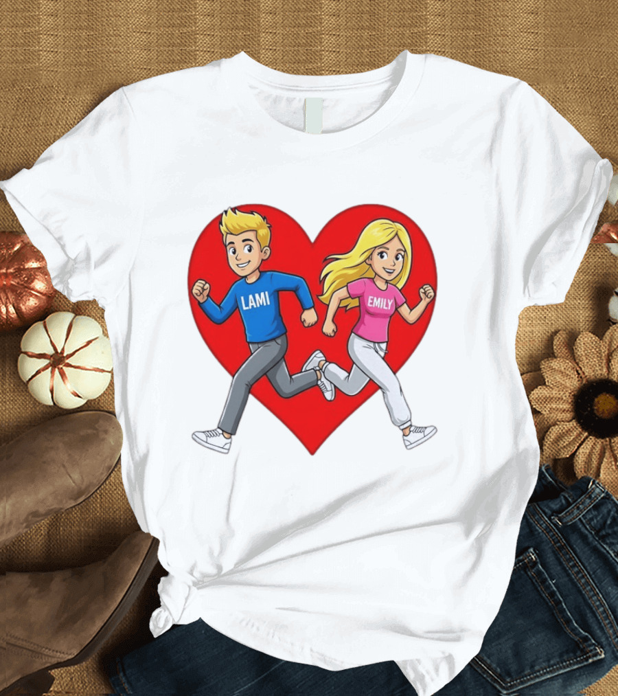 Lami And Emily Cartoon Couple Running With Heart T-Shirt