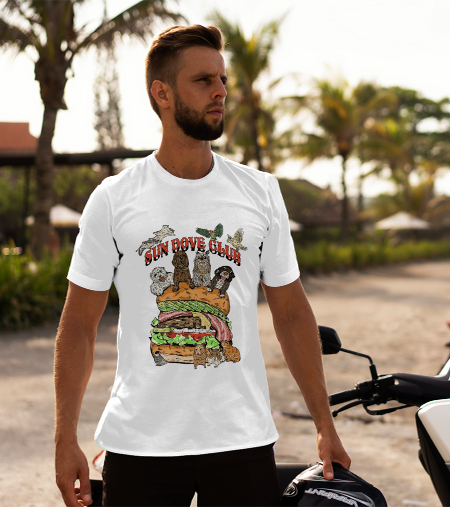Sun Dove Club Animals On Giant Burger With Dogs And Birds T-Shirt