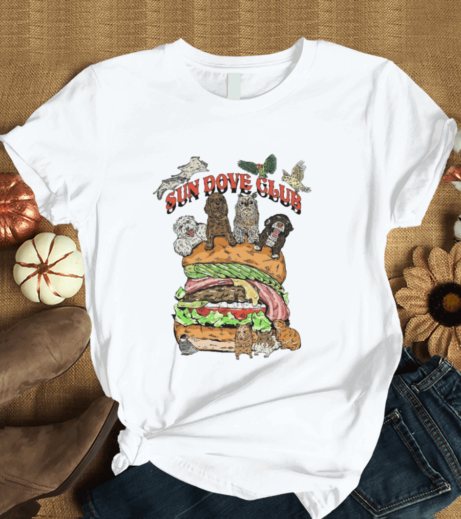 Sun Dove Club Animals On Giant Burger With Dogs And Birds T-Shirt