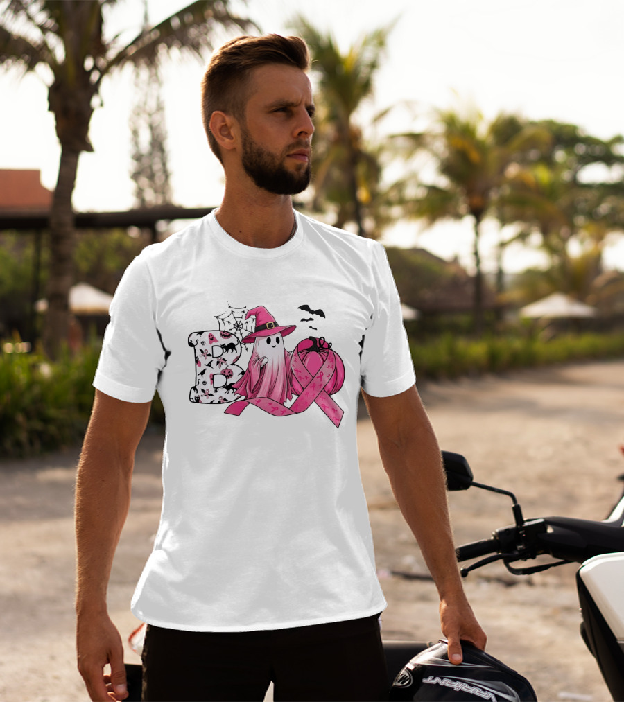 Boo Ghost Witch Pink Breast Cancer Ribbon Halloween Pumpkin T-Shirt