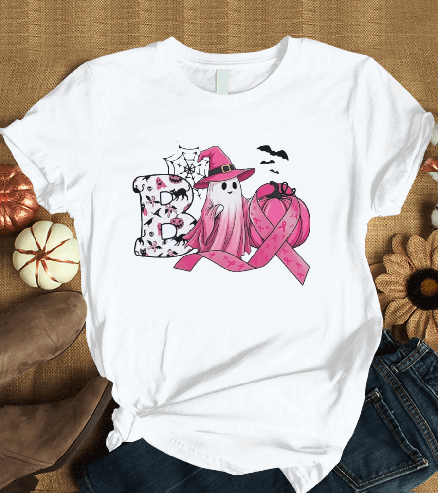 Boo Ghost Witch Pink Breast Cancer Ribbon Halloween Pumpkin T-Shirt