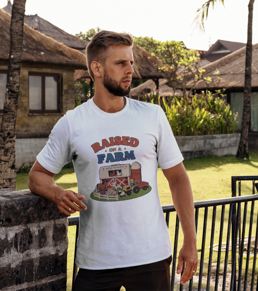 Raised On A Farm Super 70s Sports Vintage Barnyard Scene With Tractor And Animals T-Shirt