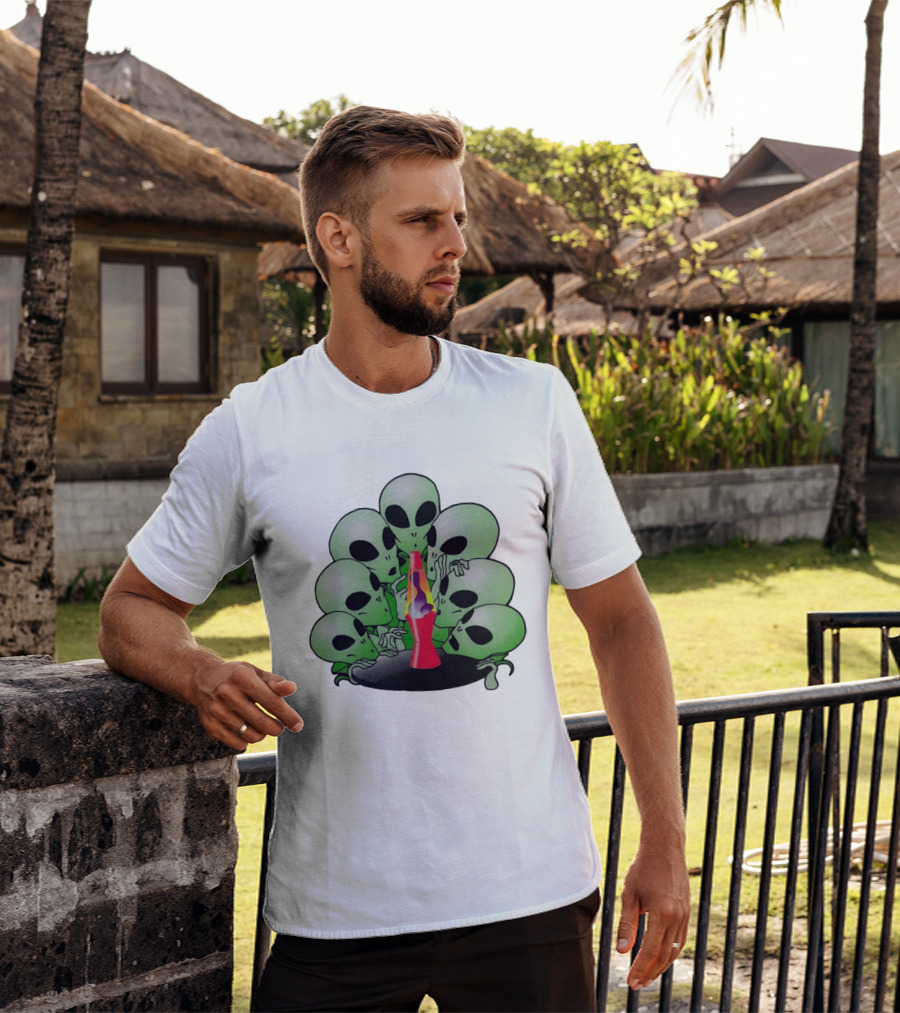 Aliens Gathering Around Colorful Lava Lamp T-Shirt