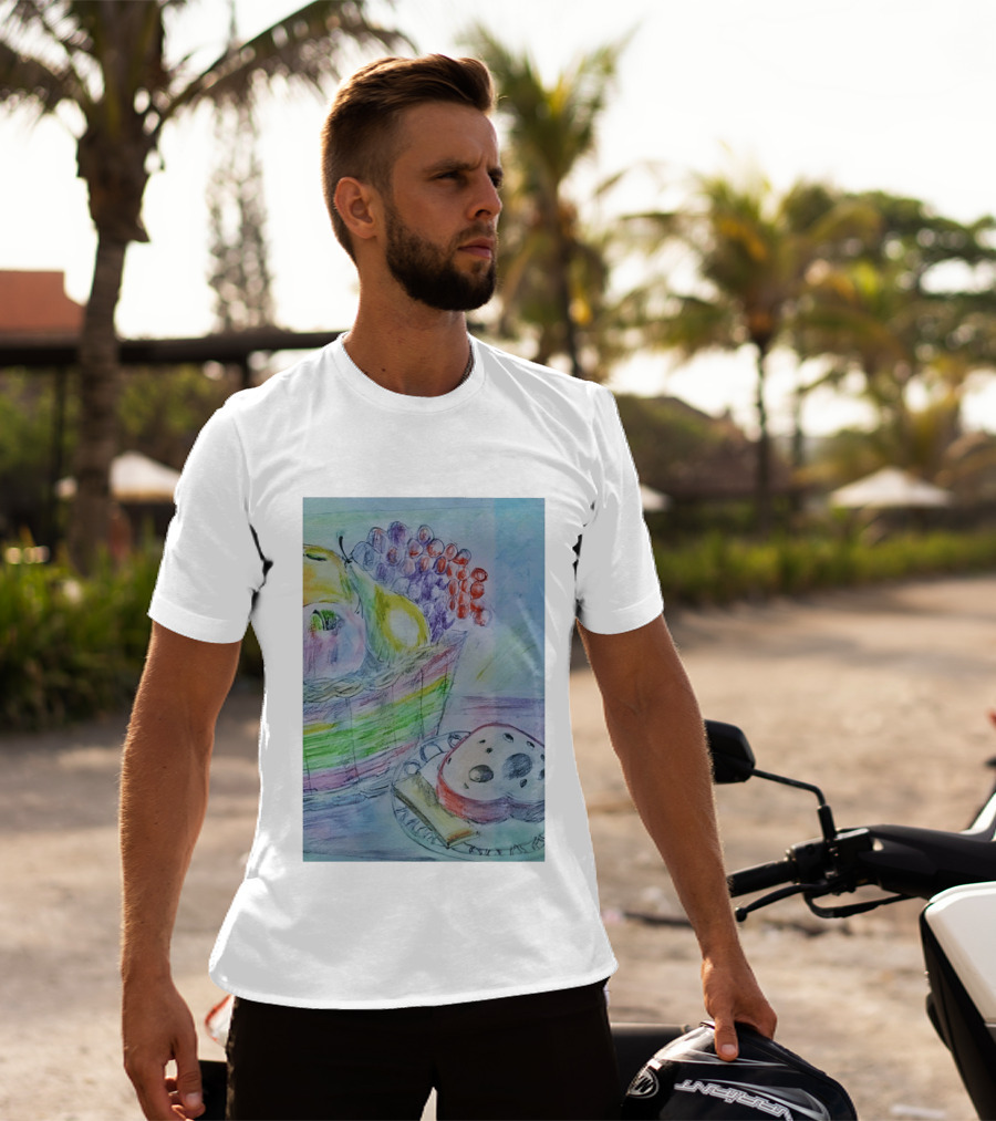 Fruit Basket Bagel Still Life Drawing Pears Apples Grapes Bread T-Shirt