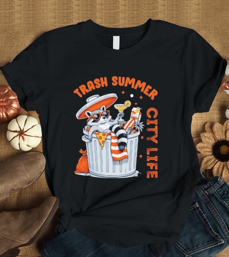 Trash Summer City Life Raccoon Enjoying Urban Vibes With Pizza And Martini T-Shirt