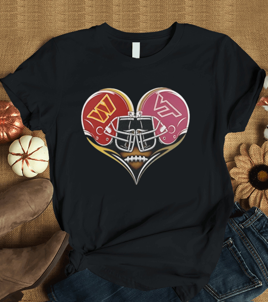 Washington Commanders Virginia Tech Hokies Helmet Heart Dual Team Spirit T-Shirt