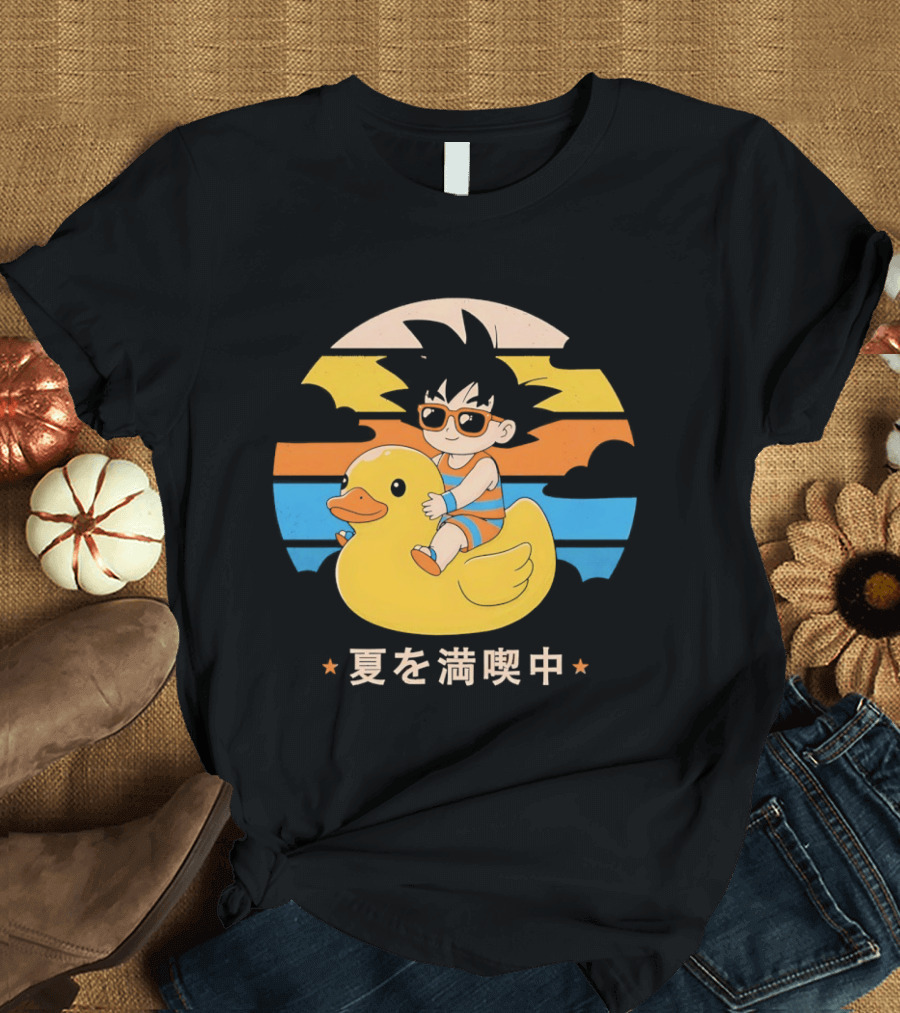 Young Goku Riding Rubber Duck At Sunset Enjoying Summer T-Shirt