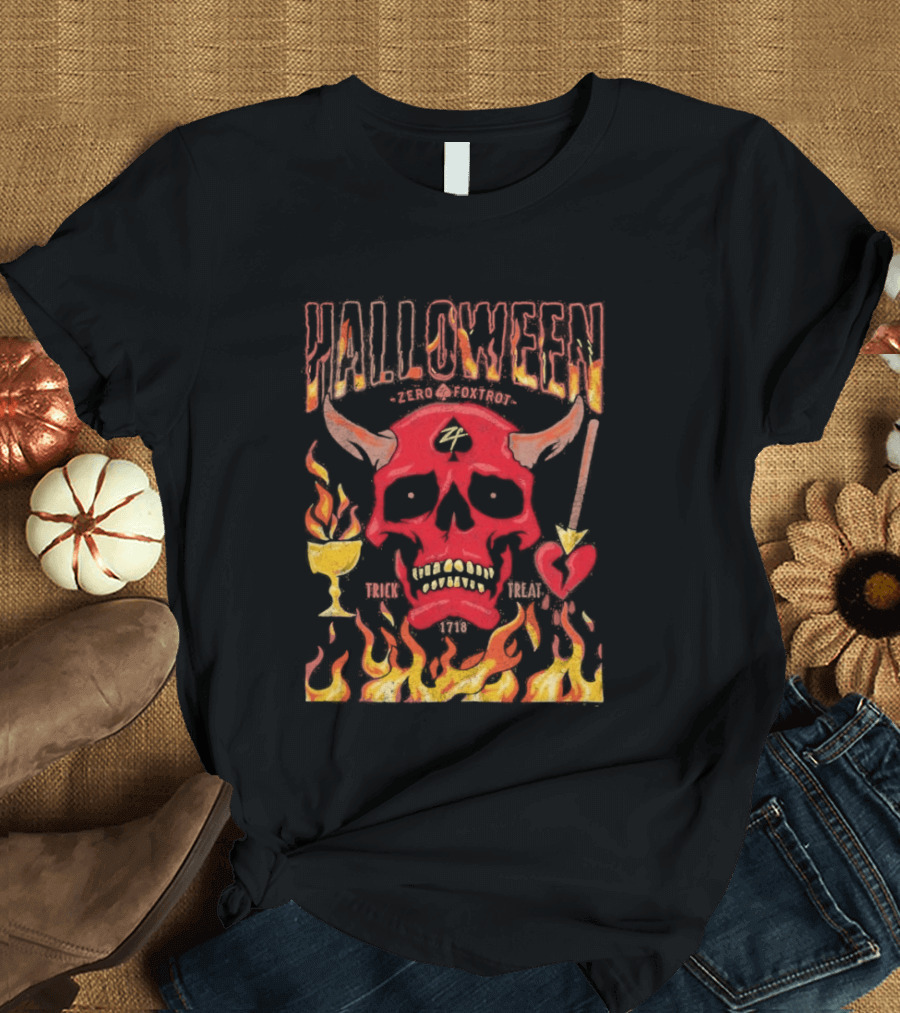 Zero Foxtrot Halloween No Quarter Flaming Demon Skull T-Shirt