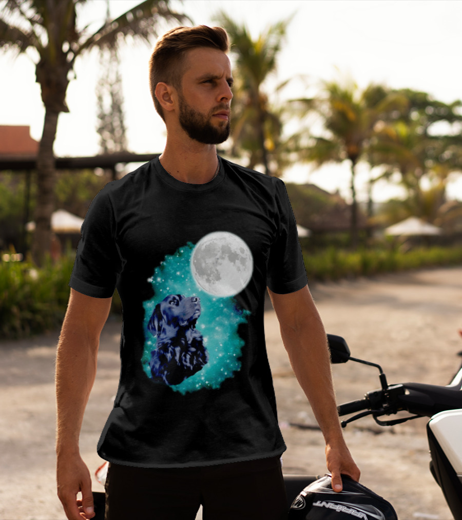 Black Dog Under Moon In Galaxy Space T-Shirt
