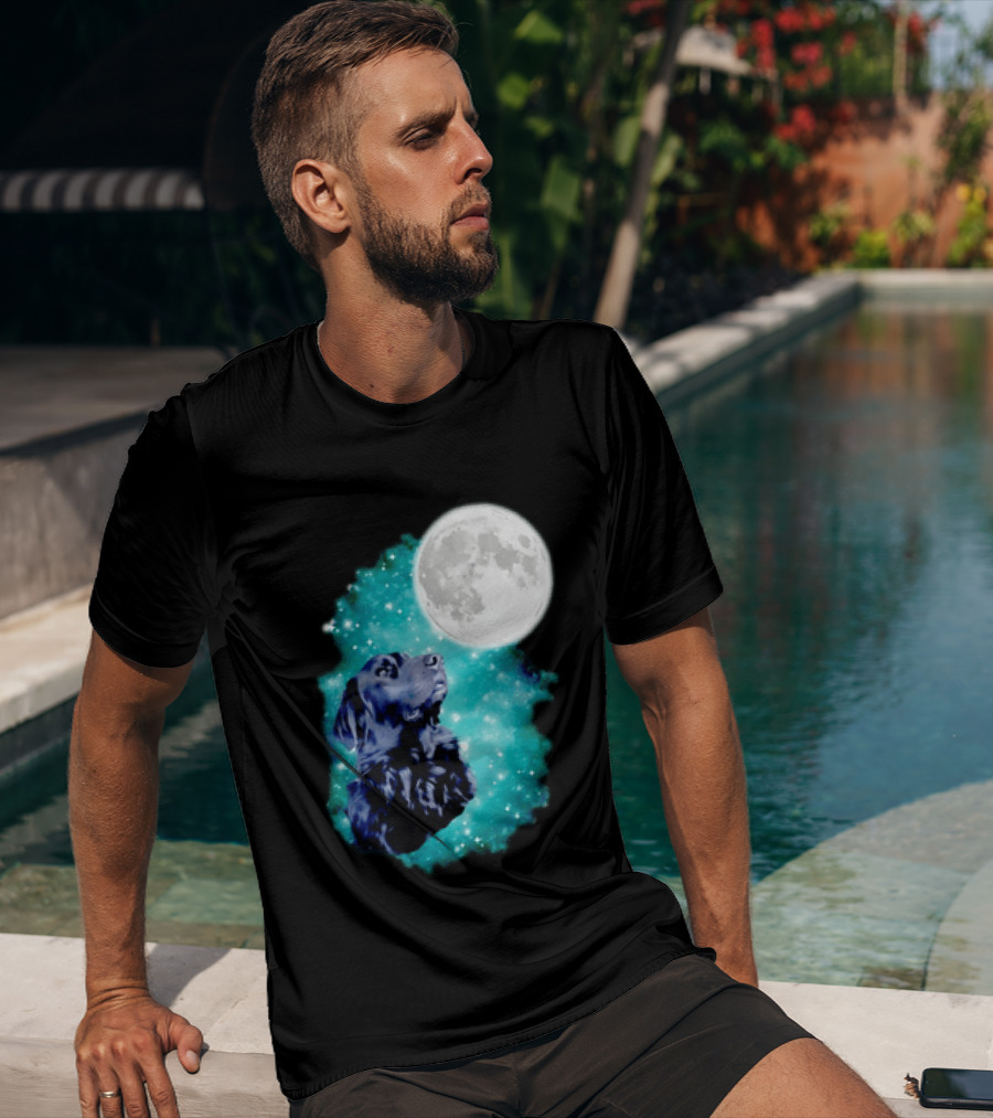 Black Dog Under Moon In Galaxy Space T-Shirt