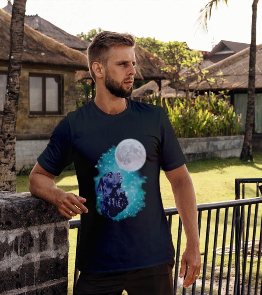 Black Dog Under Moon In Galaxy Space T-Shirt