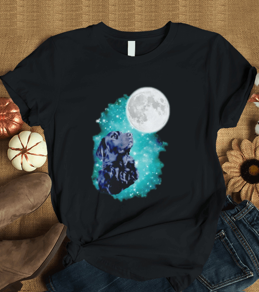 Black Dog Under Moon In Galaxy Space T-Shirt