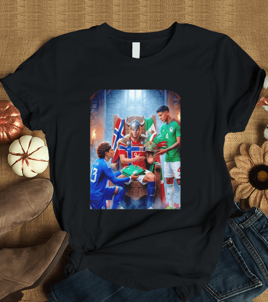Guillermo Ochoa And Johan Vasquez Offering Mexico Jersey To Viking Erling Haaland With Norway Flag In Throne Room T-Shirt