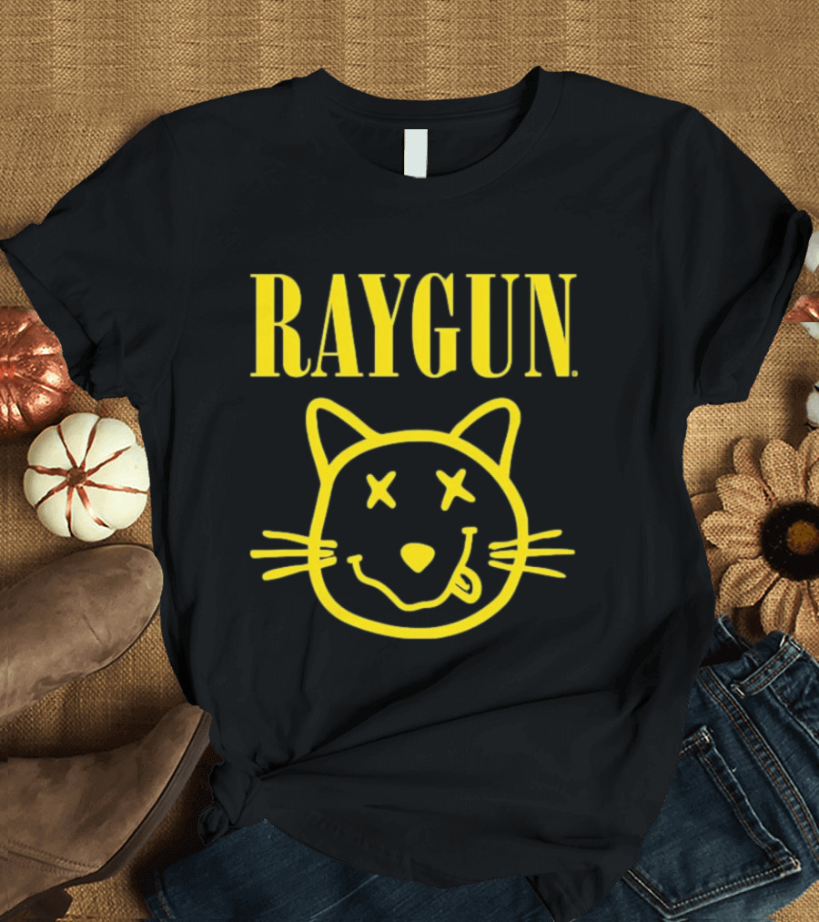 Raygun Smiley Cat Face Neon Yellow Quirky Expression T-Shirt
