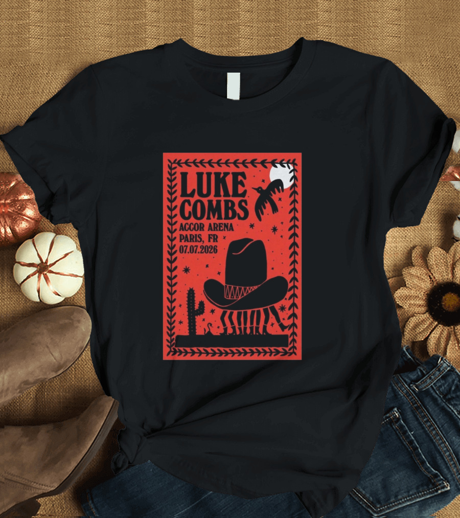 Luke Combs Accor Arena Paris FR 07.07.2026 Cowboy Hat Cactus Moon Desert Scene T-Shirt