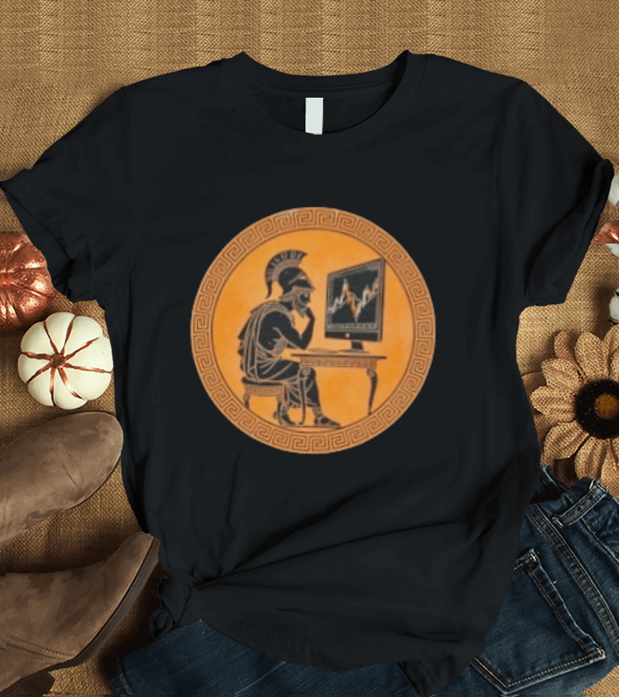 Greek Warrior Analyzing Stock Charts With Ancient Trader Flair T-Shirt