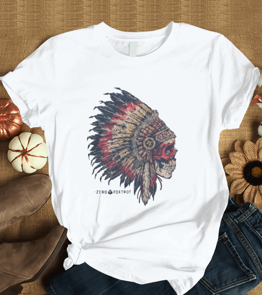 Zero Foxtrot Skull In Feathered Headdress T-Shirt