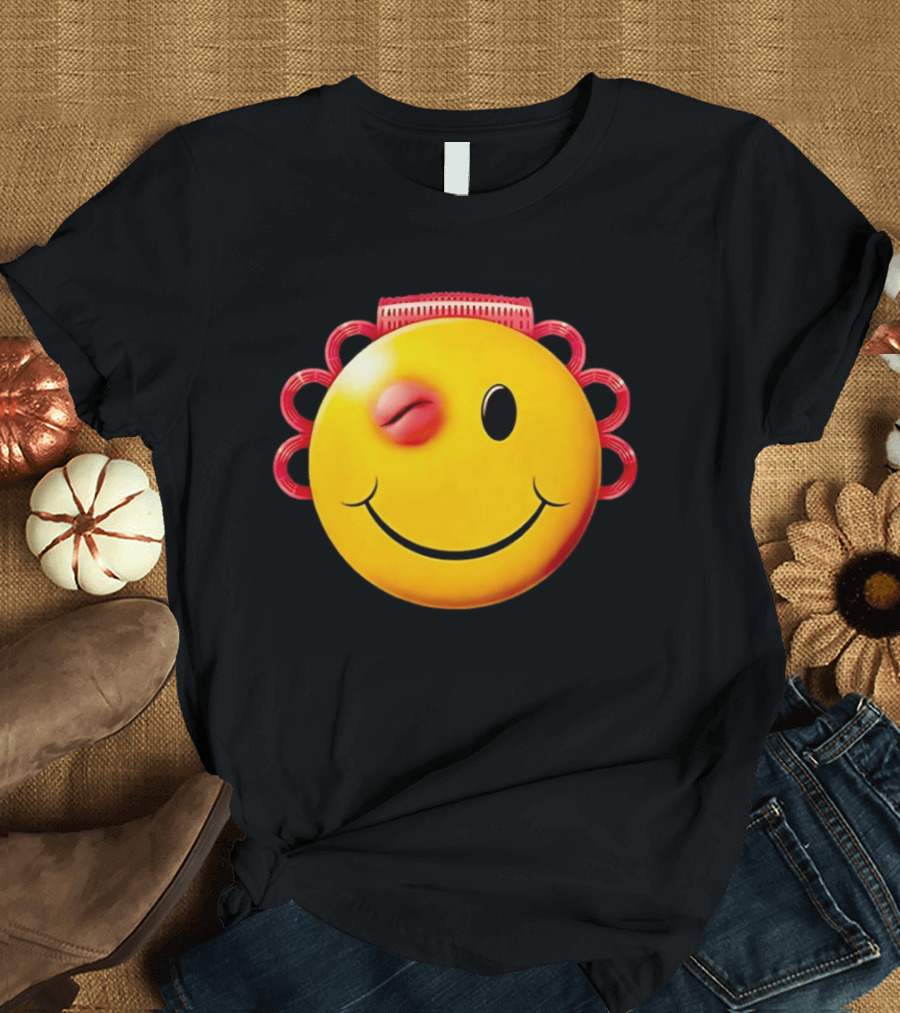 Winking Smiley Face Emoji With Hair Rollers T-Shirt