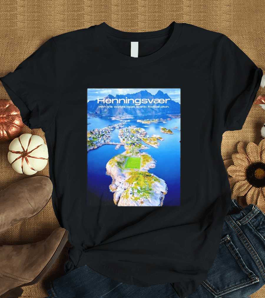 Henningsvaer With The World's Most Scenic Football Pitch Aerial View T-Shirt
