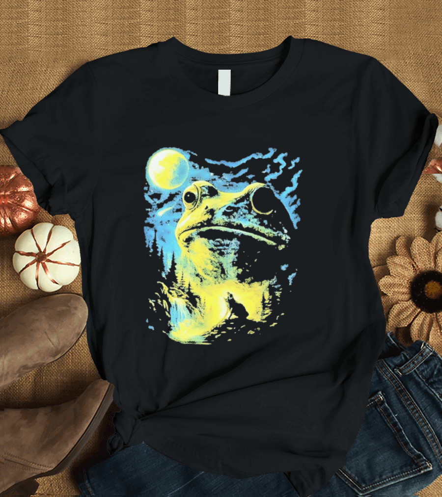 Howling Wolf Frog Moon Night Scene Surreal Fantasy T-Shirt