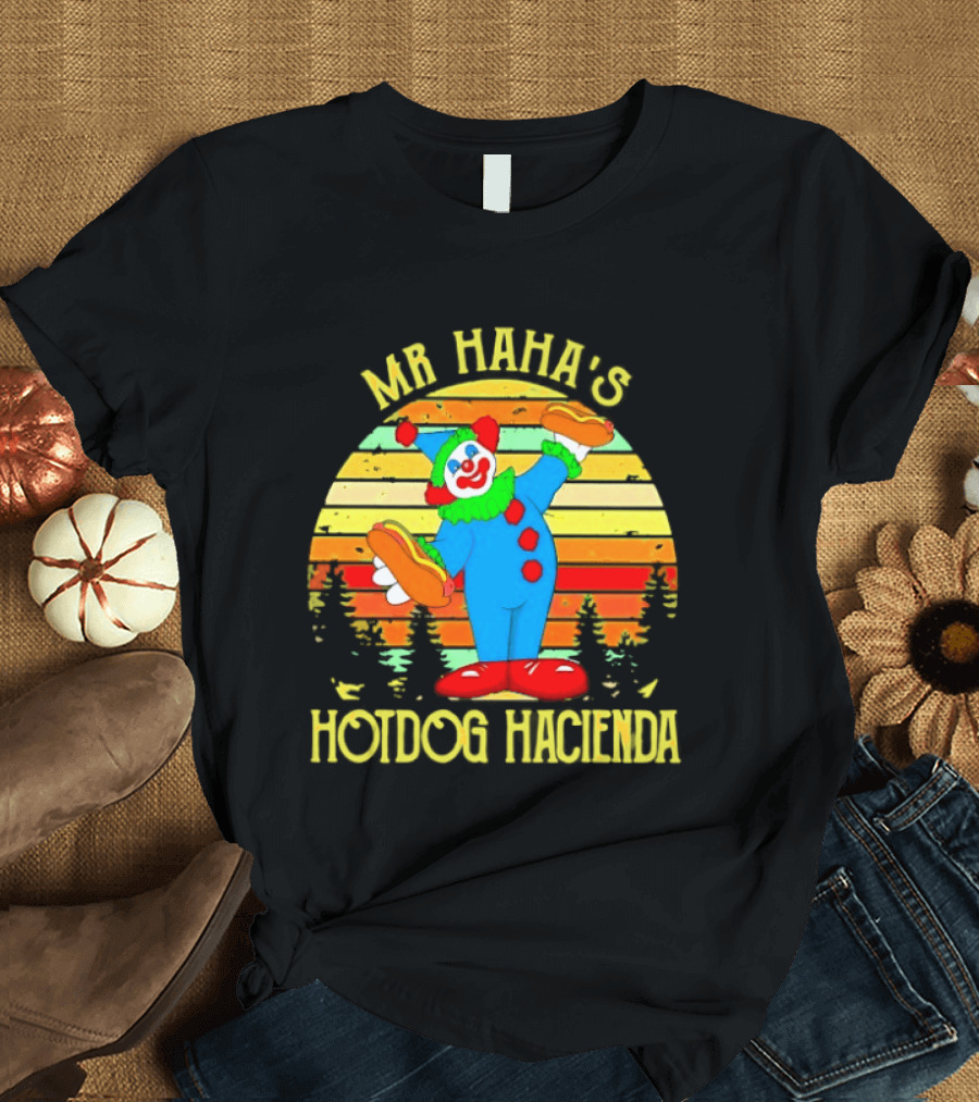 Mr Haha's Hotdog Hacienda Clown In Colorful Costume With Hot Dog T-Shirt