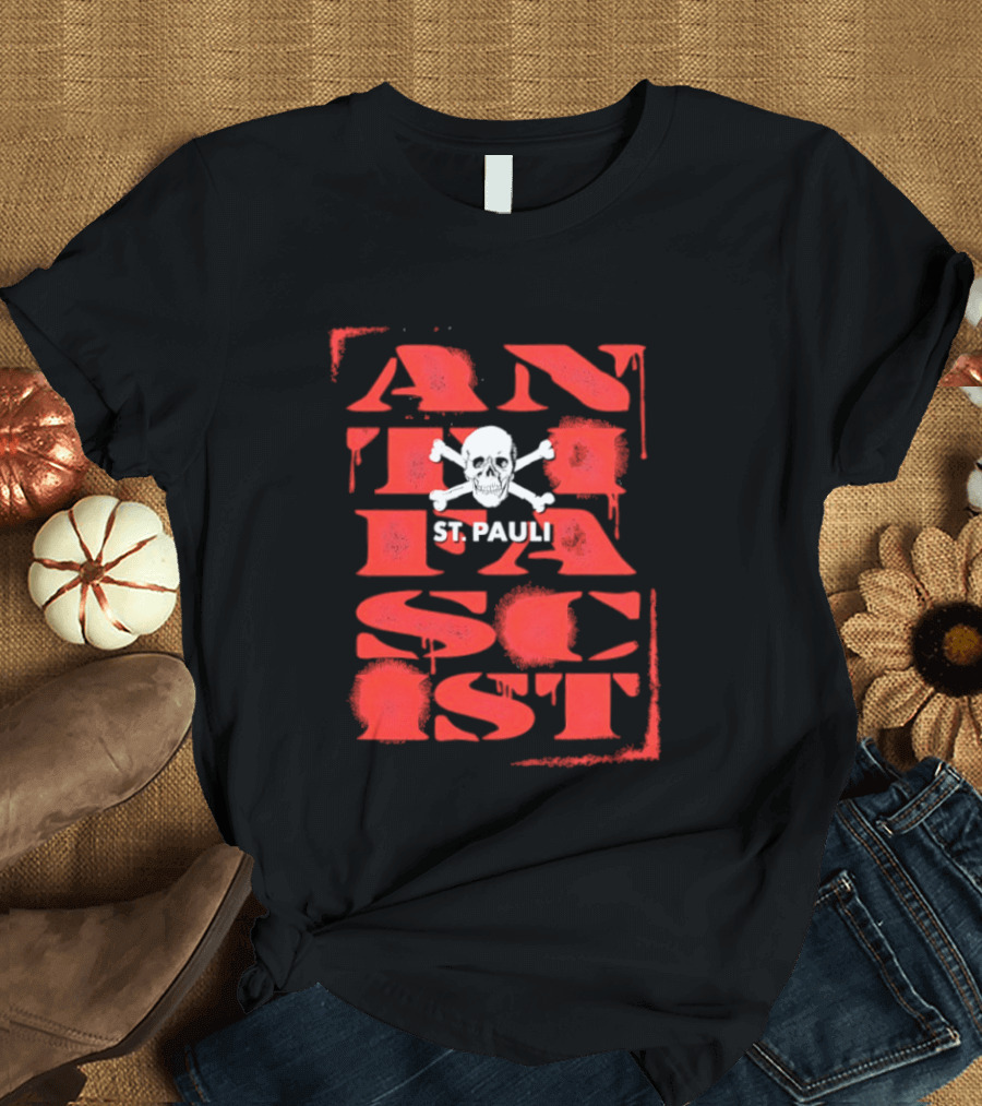 St Pauli Anti Fascist Skull Crossbones Stencil T-Shirt