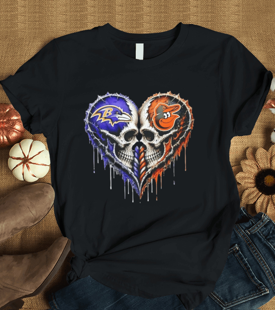 Baltimore Ravens And Baltimore Orioles Skull Heart T-Shirt