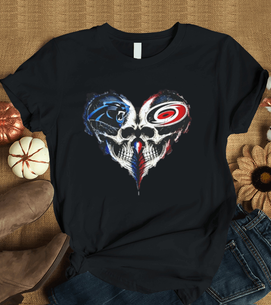 Carolina Panthers And Carolina Hurricanes Heart Skulls T-Shirt