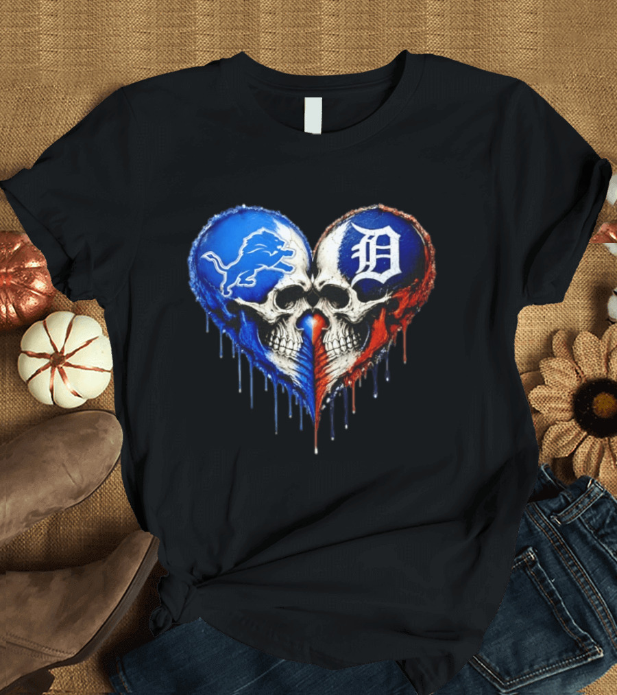 Detroit Lions And Detroit Tigers Skull Heart T-Shirt