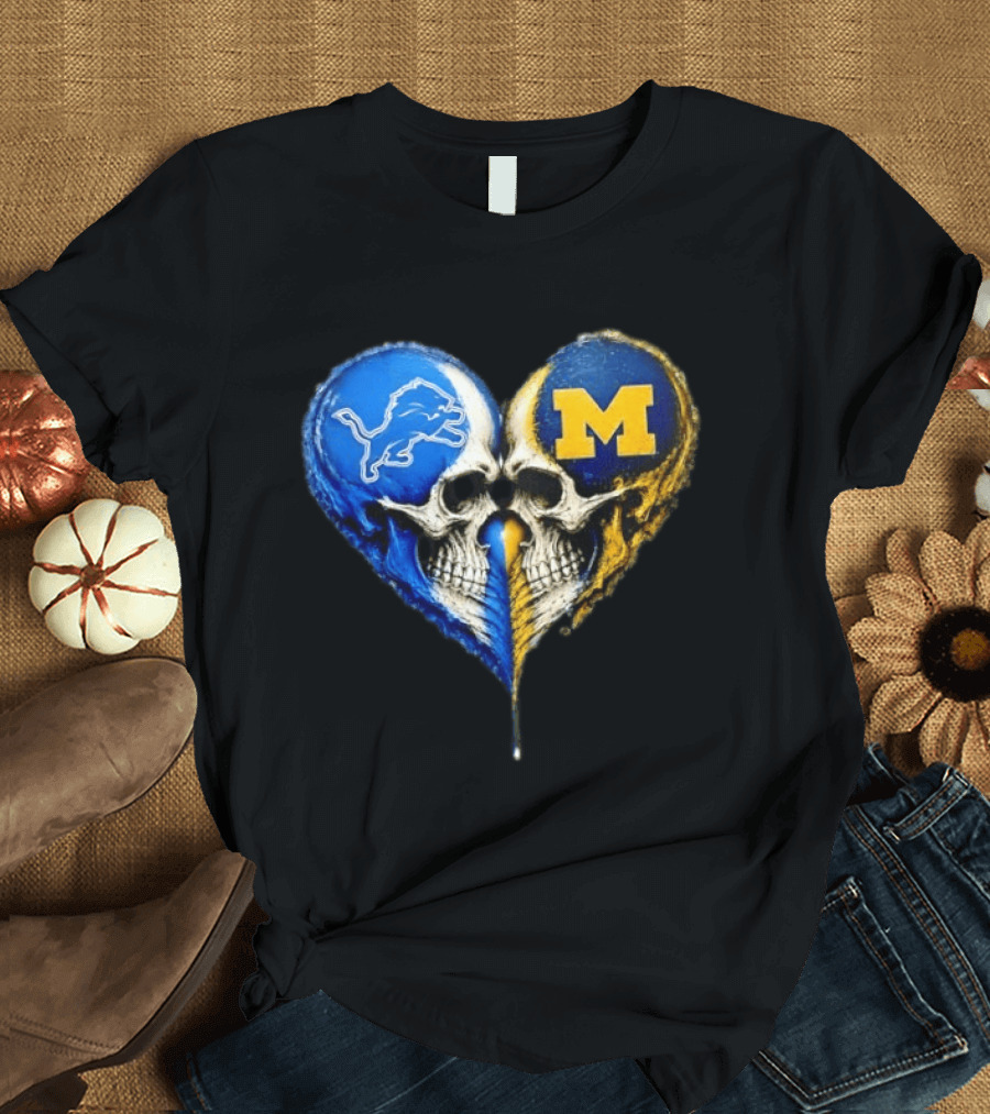 Detroit Lions And Michigan Wolverines Heart Skulls T-Shirt