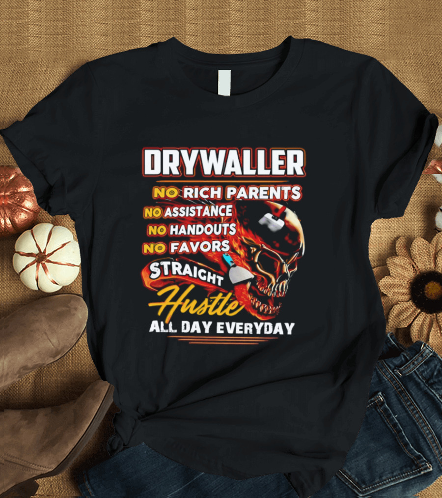 Drywaller Skull Holding Trowel Straight Hustle T-Shirt