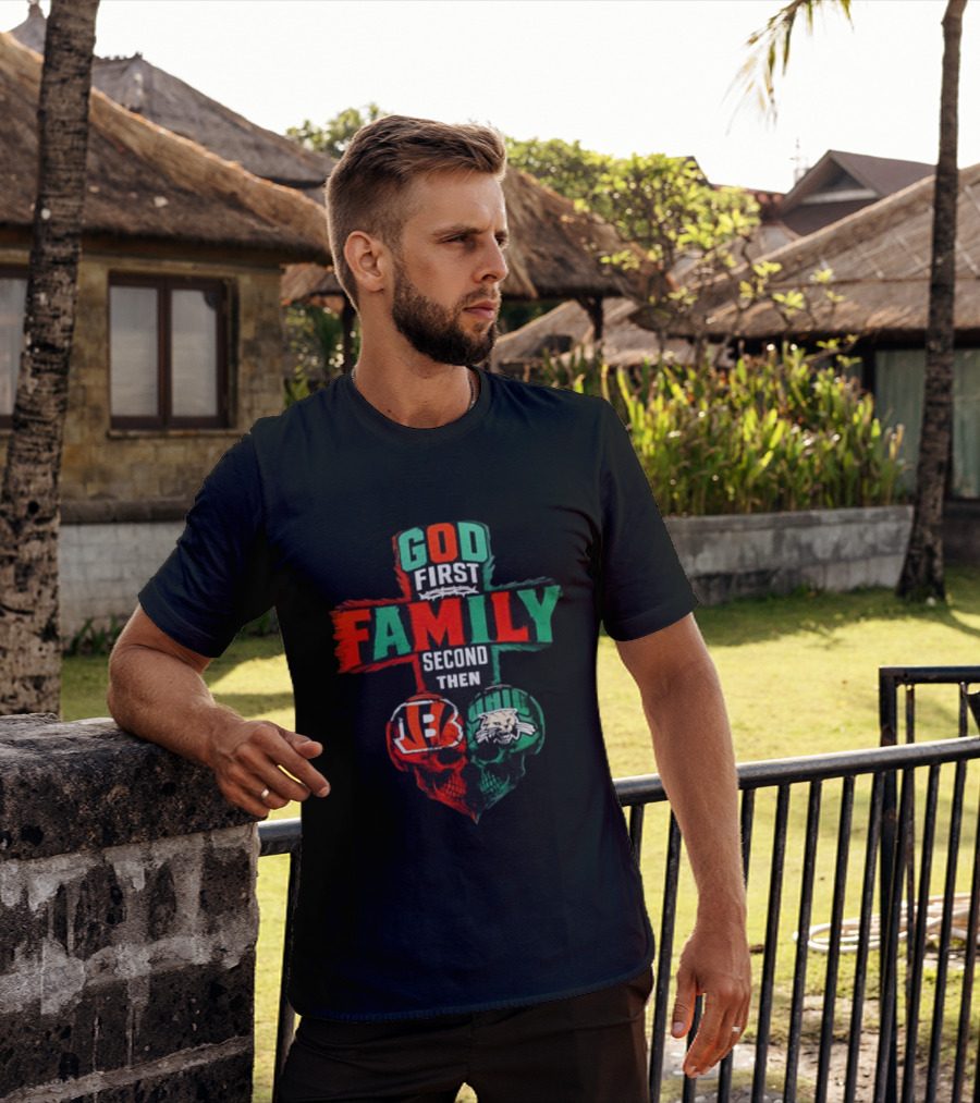 God First Family Second Then Cincinnati Bengals And Ohio Bobcats Skull Heart T-Shirt