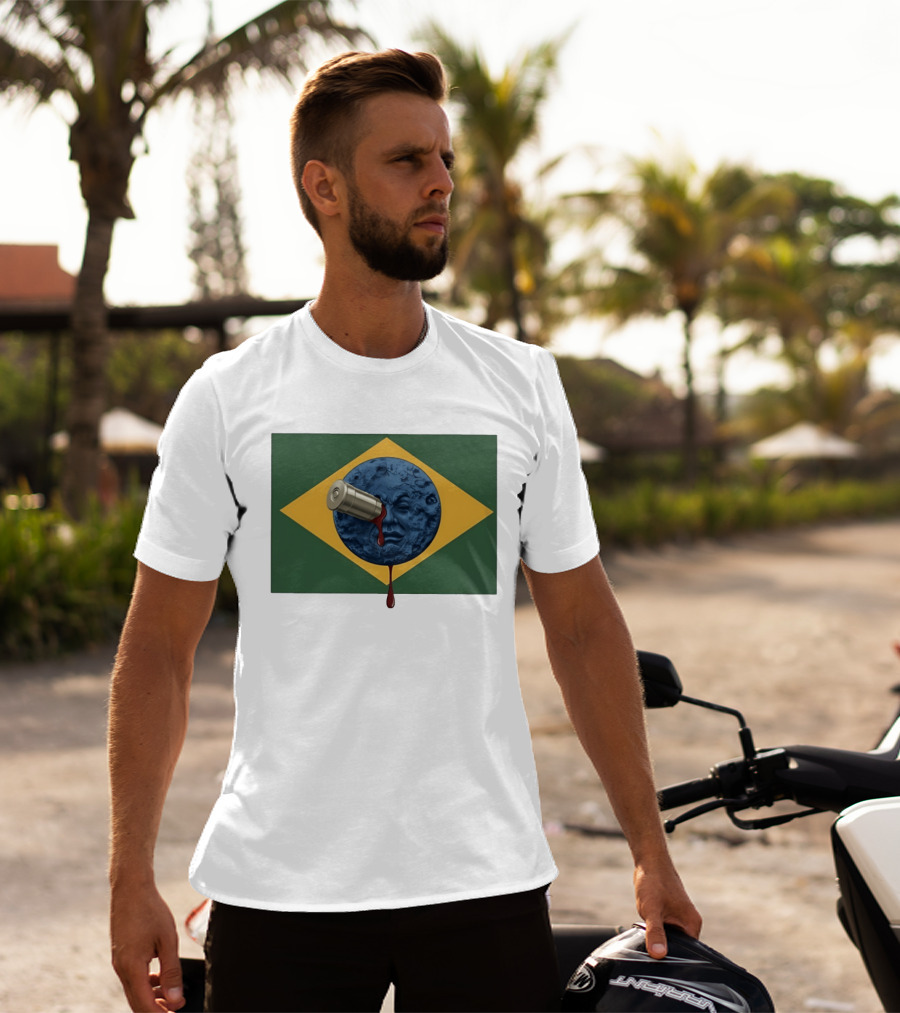 Brazil Flag Moon Face With Bullet And Bleeding Effect T-Shirt