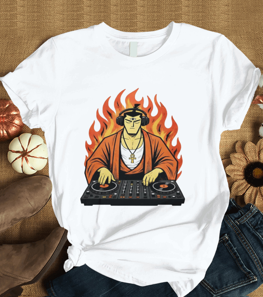 Samurai Jack DJing With Headphones Fire Music Mixer T-Shirt