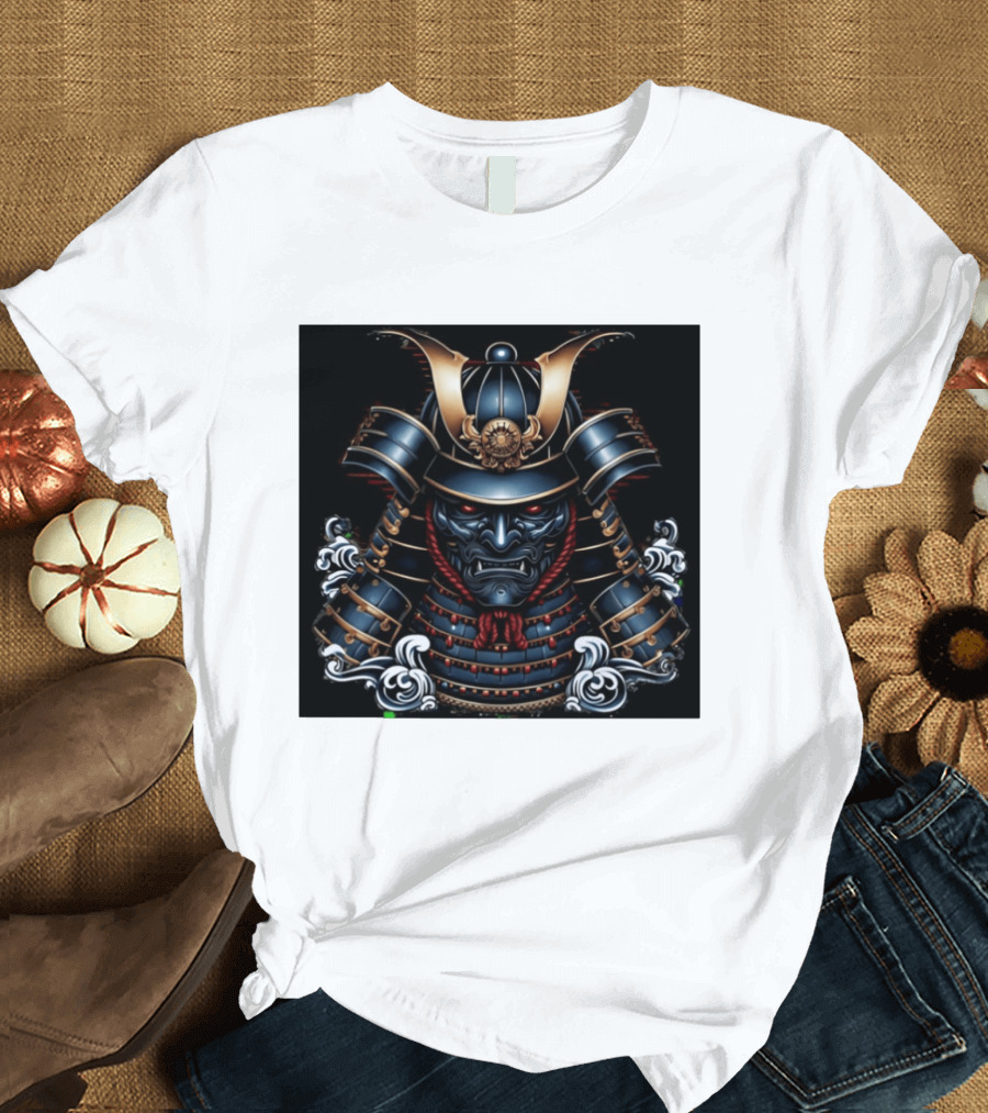 Samurai Warrior Mask Helmet With Traditional Armor And Red Accents T-Shirt