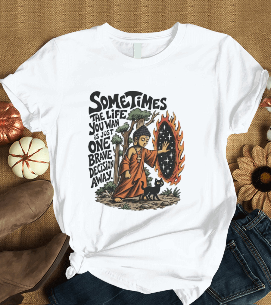 Sometimes The Life You Want Is Just One Brave Decision Away Buddha Cat Portal Forest T-Shirt