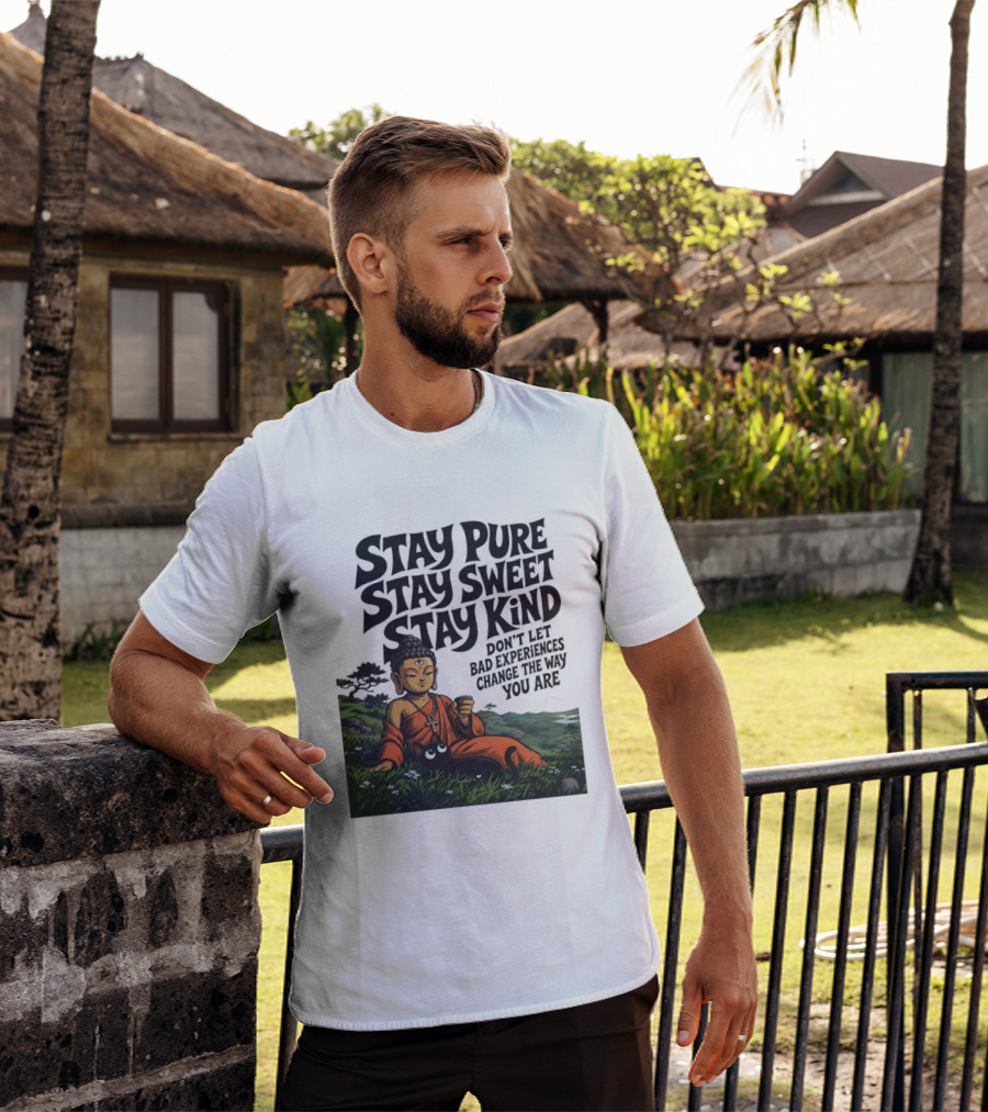 Stay Pure Stay Sweet Stay Kind Buddha Meditation With Cat Don't Let Bad Experiences Change The Way You Are T-Shirt
