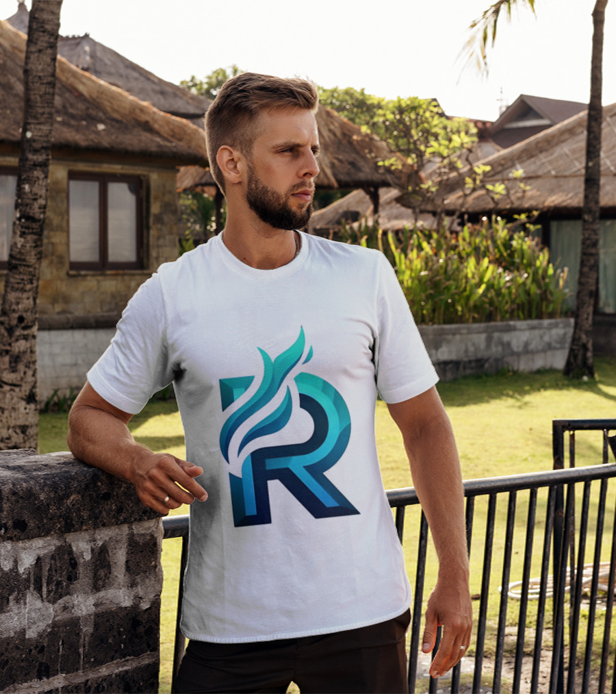 R Flame Letter Blue Green Gradient T-Shirt