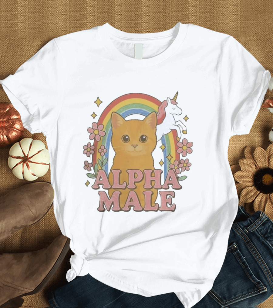 Alpha Male Cat With Unicorn Rainbow And Flowers T-Shirt