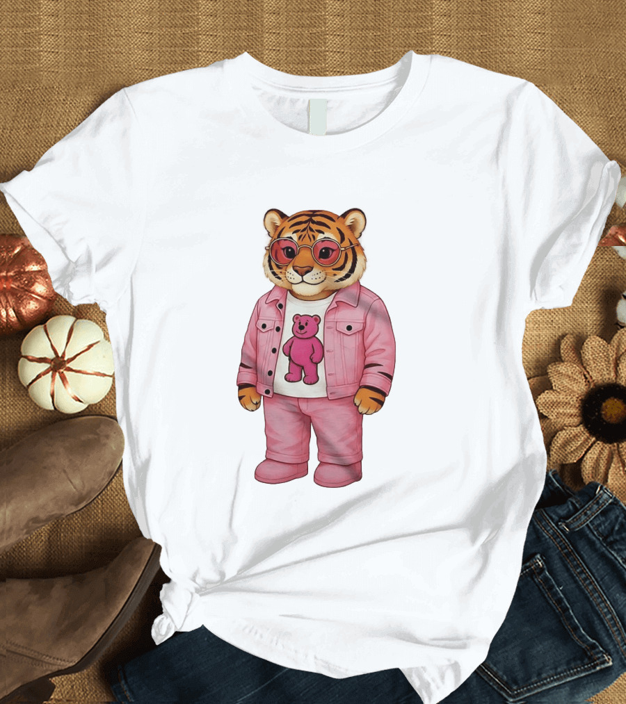 Cincinnati Bengals Fashion Pink Denim Tiger Bear T-Shirt
