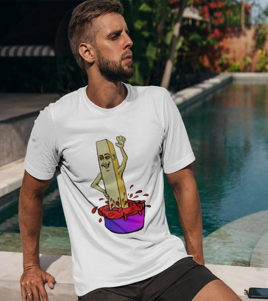French Fry With Face Humorously Dipping In Ketchup Bowl T-Shirt