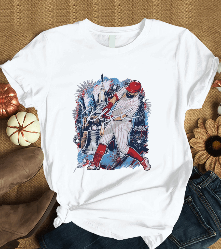 Kyle Schwarber Philly 2026 Swinging Bat Fireworks Liberty Bell T-Shirt