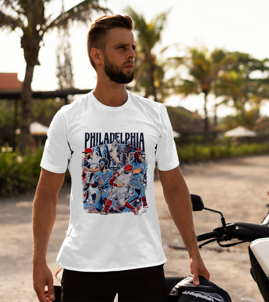 Philadelphia Phillies Stars Skyline 2026 Philly Batter Montage T-Shirt