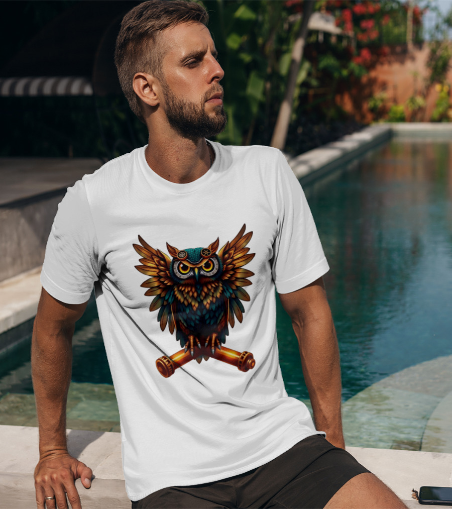 Steampunk Owl With Gears And Pistons Mechanic Aesthetic T-Shirt