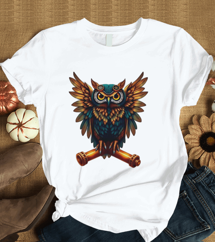 Steampunk Owl With Gears And Pistons Mechanic Aesthetic T-Shirt
