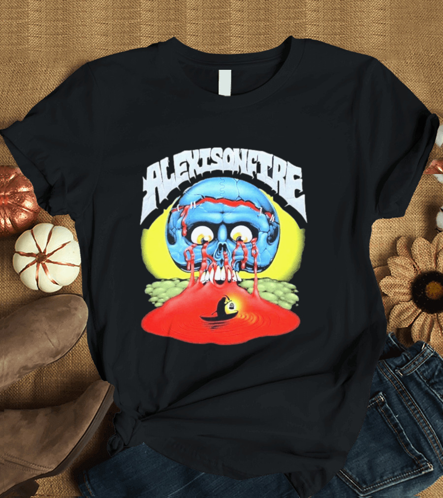 Alexisonfire Skull Island Creepy Blue Skull With Red Eyes And Boat T-Shirt